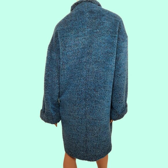 Vintage 80s Wool Mohair Alpaca Coat Fluffy Shaggy Vibrant Blue Mid Length Size M - Picture 6 of 11